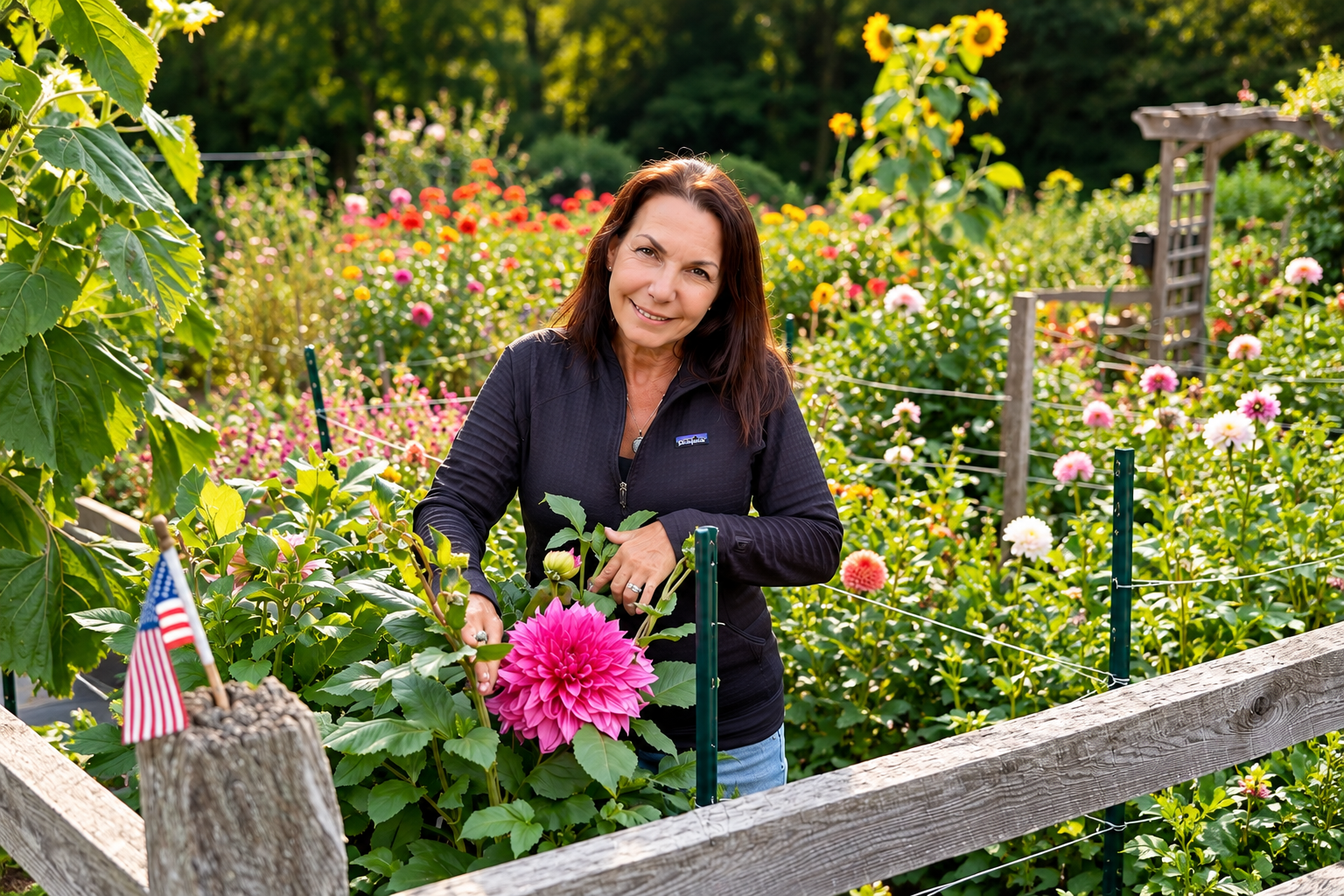 Debi smiling among her dahlias, holding a magenta bloom at the garden fence