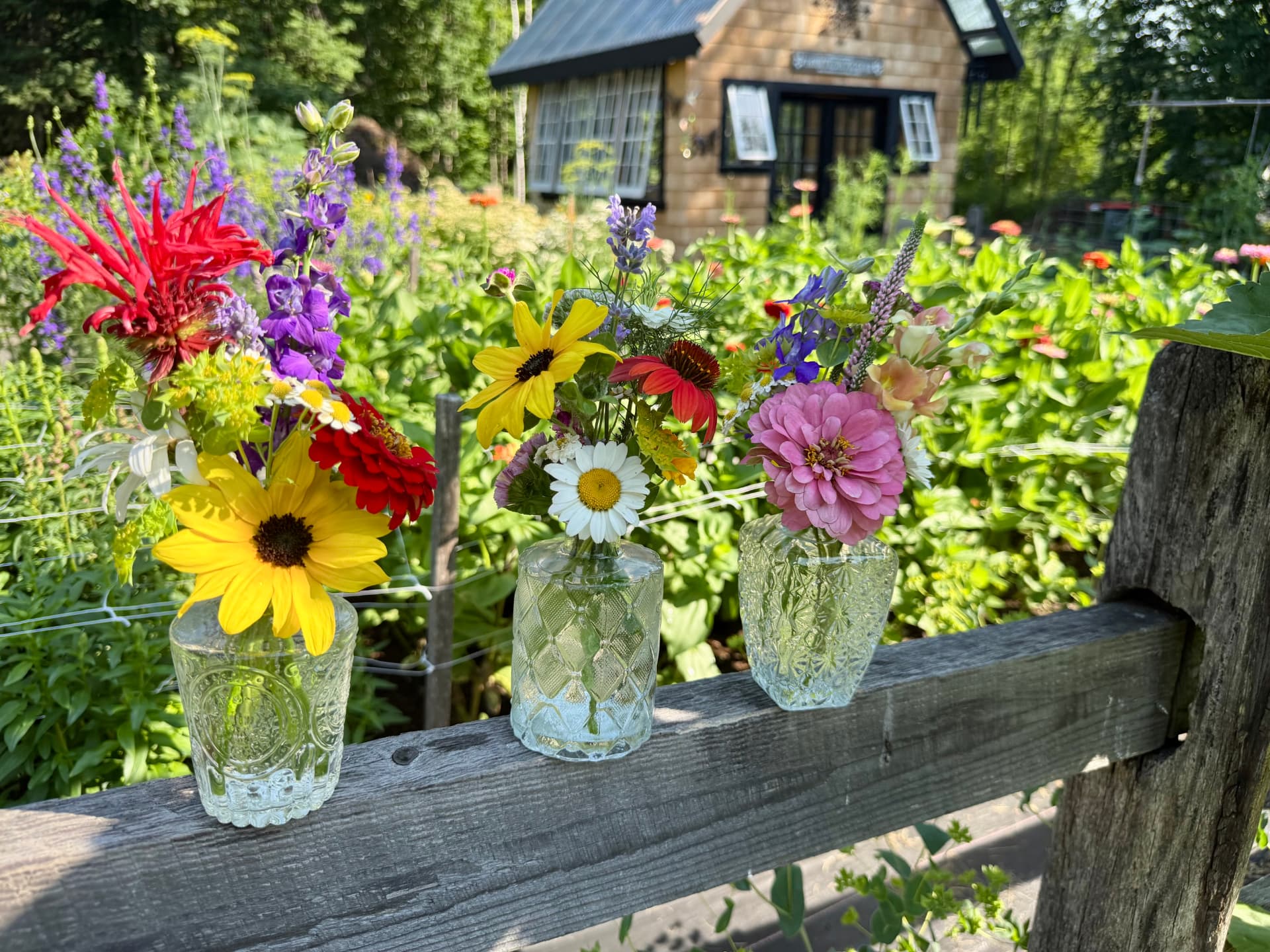 Vases of fresh-cut garden flowers on the fence rail at Honey & Bloom Barn